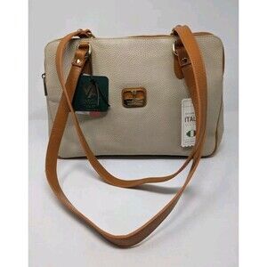 Valentina Beige Brown Pebbled Italian Leather Tote Shopper Bag 3 Compartment NWT